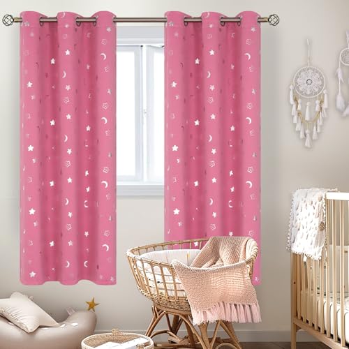 Image of BGment Pink Curtains for Girls Bedroom 72 Inch Length, Star and Moon Blackout Curtains for Kids Babys Bedroom, Room Darkening Thermal Insulated Window Grommet Curtains for Nursery, 42 Wide, 2 Panels