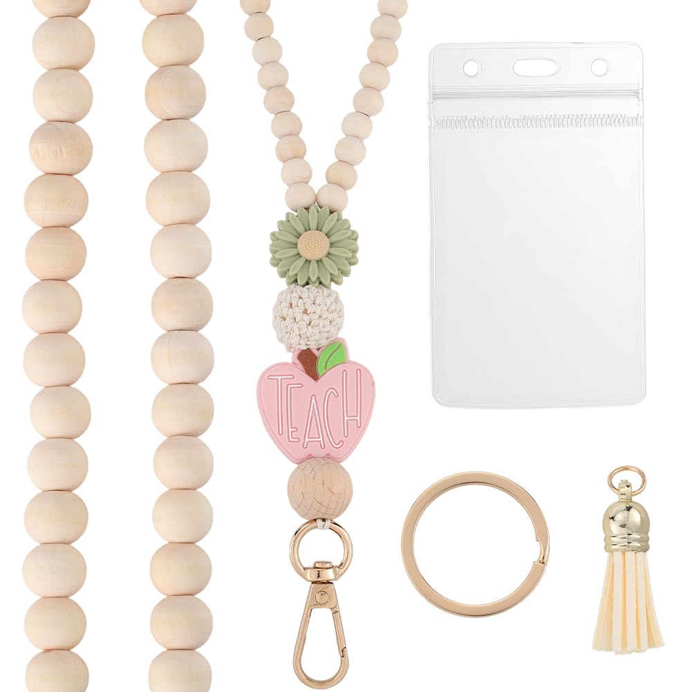 CREATCABIN Heart Bead Teacher Lanyard Wood Beaded Lanyard Beige Wooden Boho Silicone Flower Book Apples Breakaway Keychain Tassel Clasp Chain with ID Badges Holder for Keys Women Supplies 21 Inch
