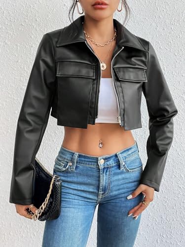 MakeMeChic Women's Y2K Faux Leather Jacket Zip Up Crop Top Long Sleeve Motorcycle Coat4