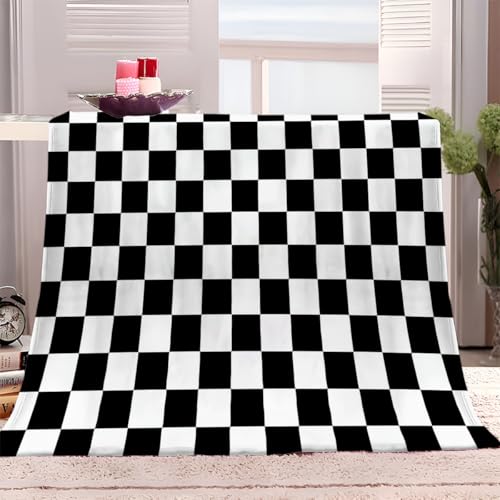 Kuscheldecke Fleecedecke 100x130 cm Geometrie Kariert Schwarz Und Weiß Flauschig Decke Warme Sofa Decke, Kuschlige Wohndecke Weich Wohnzimmer...