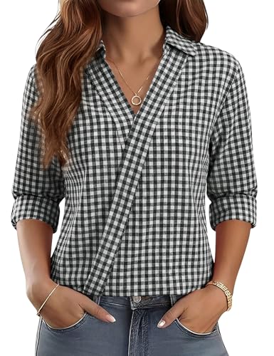 Image of LOMON 3 /4 Length Sleeve Womens Tops Dressy V Neck Collared Shirts Trendy Business Casual Work Blouses Vacation Outfits 2026