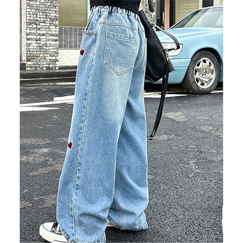 Kids Cute Heart Print Jeans Baggy Wide Leg High Elastic Waist Pants Girls Straight Leg Denim Trousers with Pokets4