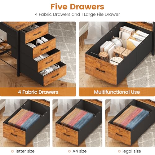 Image of SEDETA Home Office Desk with File Drawer & Power Outlet, 75'' Large Computer Desk with 5 Drawer, Storage Shelves, Monitor Shelf and Led Lights, 23.6 inch W Desktop Gaming Desk, Rustic Brown
