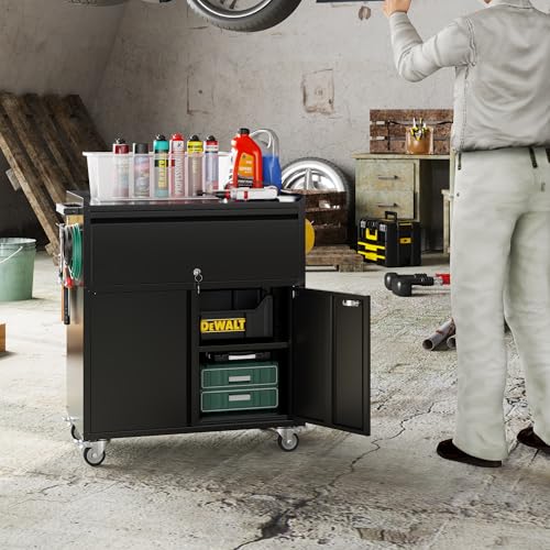 Image of Metal Garage Storage Cabinet with Wheels, Rolling Tool Cabinet with Adjustable Shelf, 1 Drawer and 2 Doors for Tools, Garage,Workshop, Black, Assembly Required