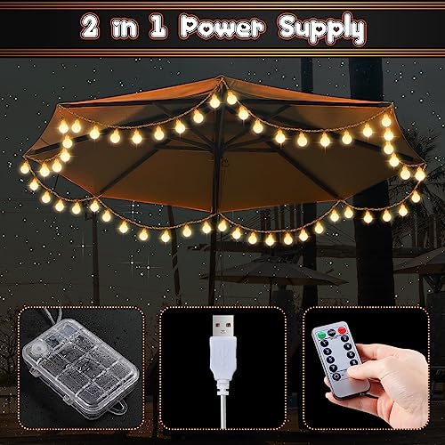 Image of 2 Pack 32 Feet Patio Umbrella Lights, 8 Lighting Modes LED String Lights with 64 Pcs Shatterproof Globe, Remote Control Battery & USB Powered, Waterproof Hanging Light Decorate for Patio
