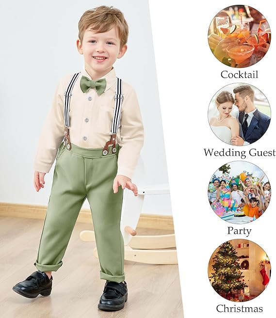 ZOEREA Bebé Niño Ropa Conjunto 2-3 años Niños Caballeros de Manga Larga Camisa+Chaleco+Pantalones+Pajarita+Corsage Niños Bautizo Ropa de Boda Conjuntos, Estilo 3 Verde