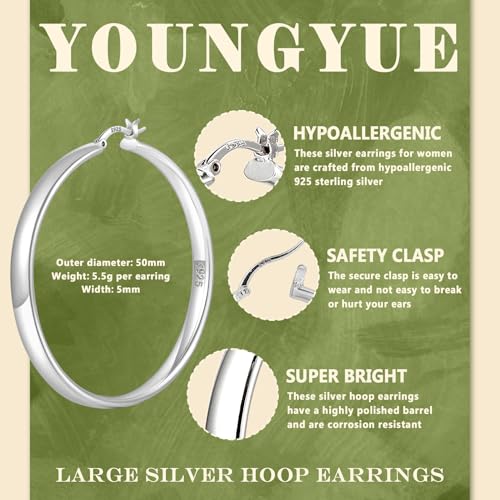 YOUNGYUE Hypoallergenic 5mm 925 Sterling Silver Hoop Earrings – Lightweight Large Hoops for Women in Multiple Sizes (30/40/50/60/70mm) - Image 2