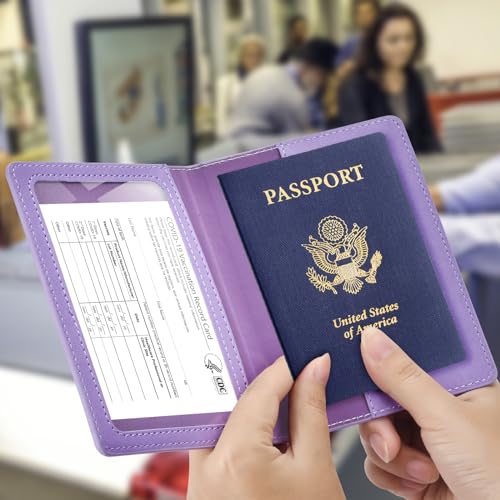 Image of Passport and Vaccine Card Holder Cover Combo, Passport Case /Wallet with Vaccine Card Slot for Women and Men(AL-Purple)