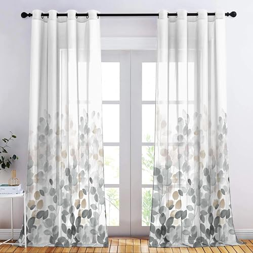 Image of Casableu Linford Sheer Curtains 7 Feet Long Set of 2 for Door, Digital Printed Curtains with Eyelets, Semi Sheer Curtains for Living Room, Tieback Included (Grey 7 feet)