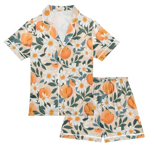 ALAZA Summer Peach Blossom Fruit Satin Pajamas Set Short Sleeve Button Down Sleepwear Summer Pjs 2 Piece
