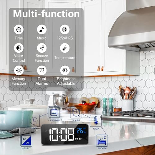 Image of LATEC Digital Bedside Clock with Big LED Temperature Display - Alarm with 10 Sounds, USB Charging, 4 Levels Brightness Dimmer, Snooze, Portable Mirror, Dual Alarm - Silver