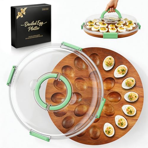 Deviled Egg Containers with Lid, Easter Gifts Set (24 Eggs), 2026 Upgraded Acacia Wooden Deviled Egg Tray Platter for Party and Home Kitchen, The Lid is Dishwasher Safe (Green)