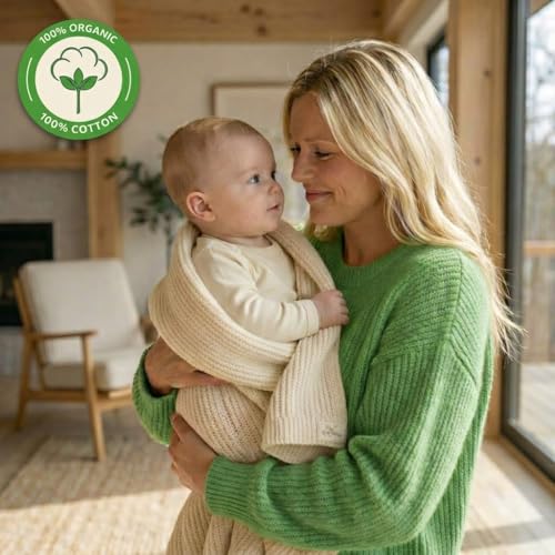 Image of 100% Organic Cotton Knit Receiving Baby Blanket for Newborns - Soft, Breathable Blanket for Crib & Stroller - Nursery Gift (Ivory)
