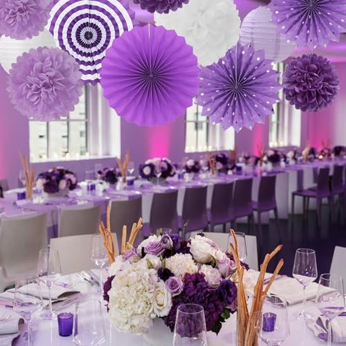 Image of Lavender-Purple White Graduation Party Decorations - 20pcs Paper Lanterns Fans,Tissue Pom Poms,Honeycomb Balls,Birthday Wedding Bridal Baby Shower Engagement Bachelorette Decor Burgleda