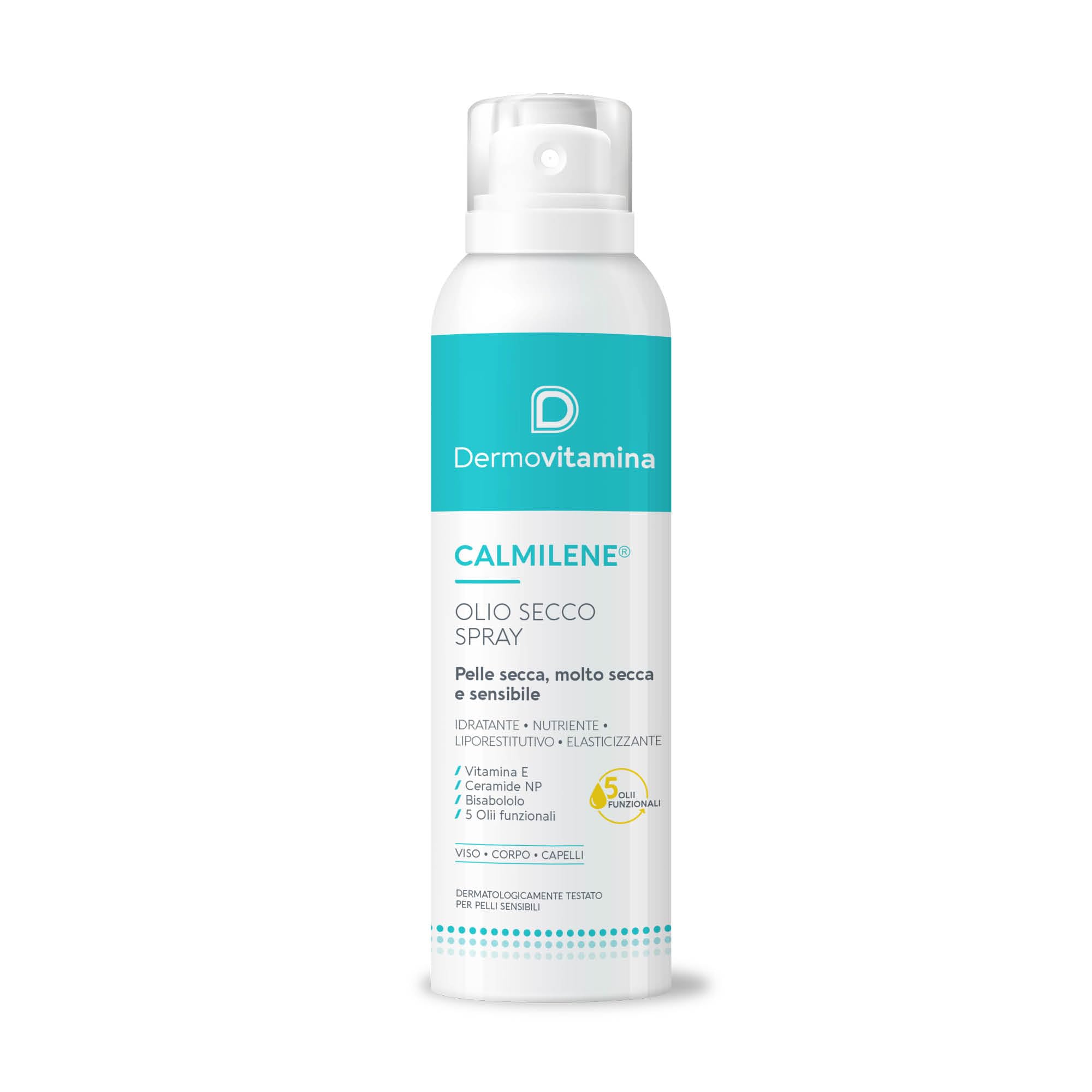 Calmilene Olio Secco Spray 200 ml - Spray con olio corpo e viso - Per la pelle sensibili e dermatiti - 5 Olii funzionali - Ricchi di Omega 3, Omega 6, Ceramide e Vitamina E - Dermovitamina