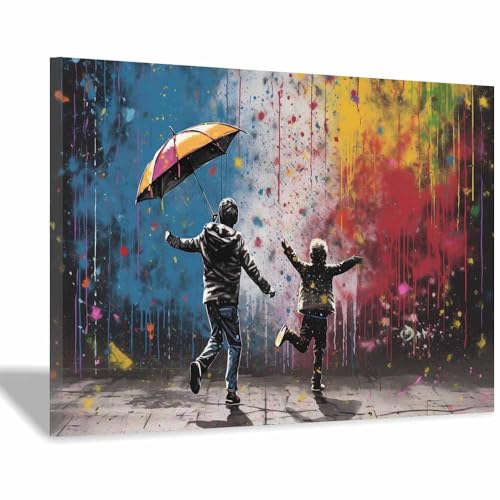 Peinture sur toile graffiti TERUEA 40x60cm encadrée avec deux personnages au parapluie bleu