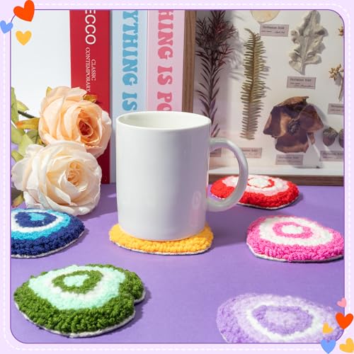 Image of WATINC Heart Punch Needle Coaster Kit - 22Pcs Easy Art Work Decor Craft Supplies Kits for Beginners, DIY Set of 6 Love Pattern Tufted Rug Pads with Adhesive Felt Yarns Embroidery Hoop Instruction Gift