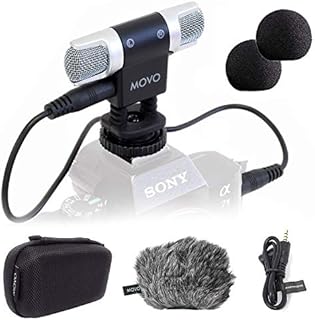 Movo VXR3000 Universal Stereo Microphone with Foam and Furry Windscreens and Travel Case - for iPhone and Android Smartphones, Canon EOS Nikon DSLR, and Action Cameras