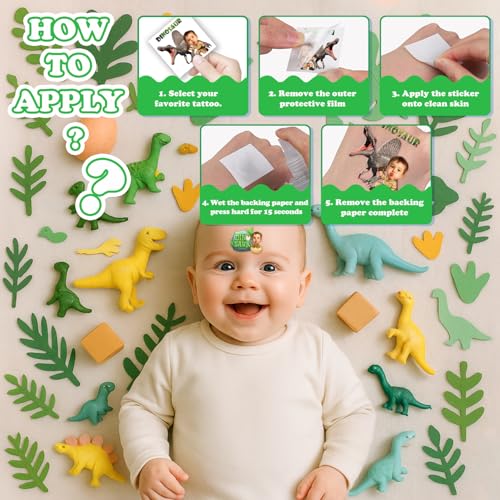 Image of Custom Funny Dinosaur Temporary Tattoos for Kids | Personalized Pre-Cut Face Photo, Birthday Party Favors for Boys, Dinosaur Lovers, Set of 20
