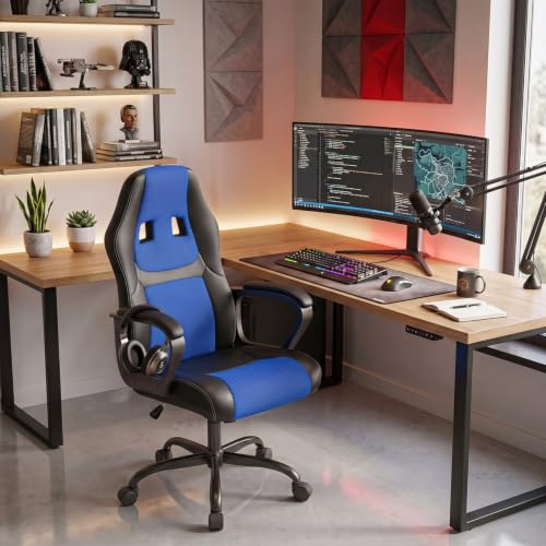 Image of Ergonomic Office Chair Cheap Desk Chair PC Gaming Chair Rolling PU Leather Swivel Chair Executive Computer Chair Lumbar Support for Women, Men(Blue)