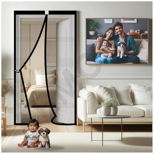 Image of Magnetic Mosquito Screen Door Net Curtain with Magnets Reinforced Polyester Curtain Back Door Mesh with All in One Insect Control | Insect Repellent Size 7 feet Black Color vr