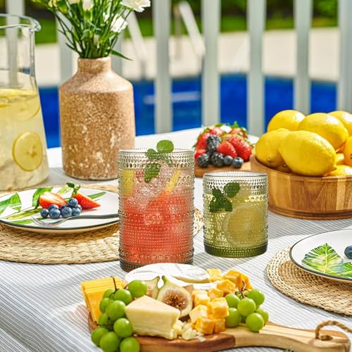 Image of Green Hobnail Drinking Glasses Set of 8,15 oz Vintage Highball Glassess & 12 oz Cocktail Glasses,Drinkware Kitchen Glasses for Cocktail, Iced Coffee, Beer, Ice Tea, Wine, Whiskey, Water