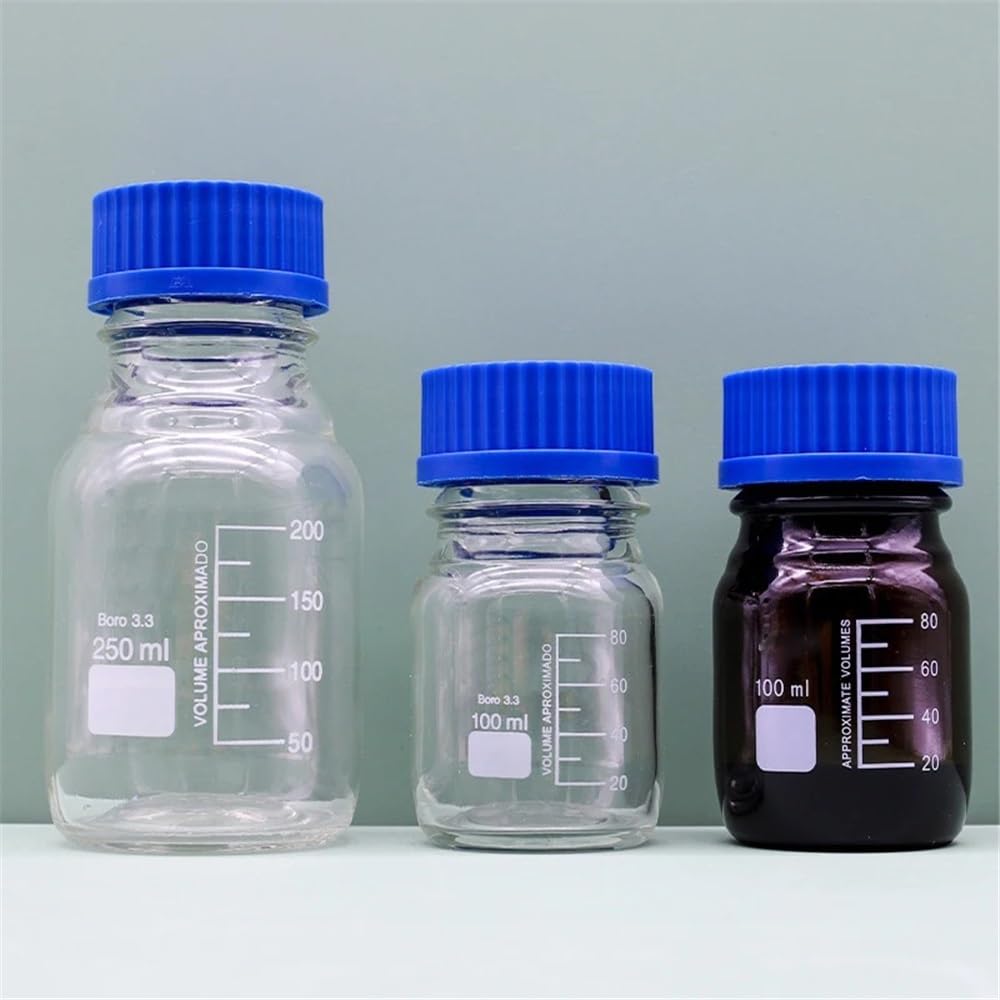 Equipos y suministros de laboratorio Botella de reactivo con tapa azul GL45, transparente, marrón, vidrio borosilicato alta pureza, for experimentos, boca rosca