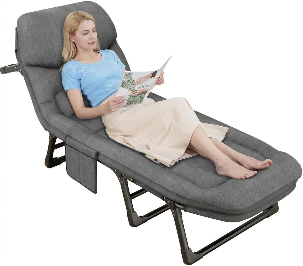 Folding Chaise Lounge Chair Heavy Duty 6 Position Adjustable Portable Camping Cot with Removable Mattress and Pillow for Patio Beach Indoor Outdoor Use(66in)