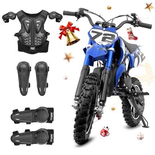 Kids Gas Powered Dirt Bike, 49CC 2-Stroke Gas Kids Dirt Bike, Pull Start Engine, Inverted Front Suspension, Rear Shock Absorber, Kill Switch, Disc Brakes, Blue, with Chest Protector