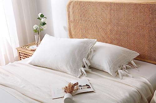 Meaning4 2-Pack Ivory White Lace Bed Pillow Shams Crochet Pillowcase 100% Cotton 30 Inchx20 Inch Queen Size (Off White) Tie Closure thumb #4
