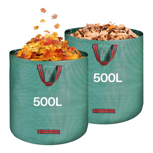 QOEOTUY Sacchi Giardinaggio 2X 500L - Sacchi per Rifiuti da Giardino Pieghevole con Maniglie - Sacchi per Raccogli Foglie da Giardino, Impermeabile, Polipropilene (PP), Riutilizzabile