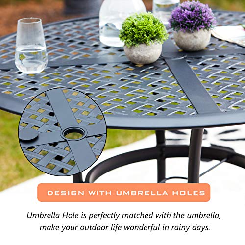 Image of LOKATSE HOME 5 Piece Outdoor Patio Metal Dining Set with 4 Outdoor Iron Arm Dining Chairs with Seat Cushions and 1 Outdoor Dining Table with Umbrella Hole-Blue