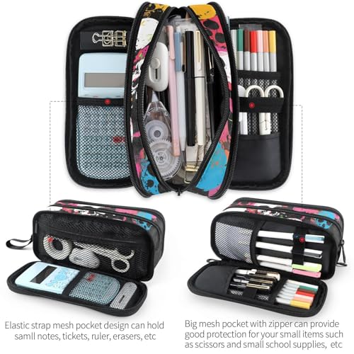 Image of Fustylead Colorful Skulls on Black Pen Pencil Case Makeup Pouch Big Capacity Multi-Purpose Travel Bag Office Organizer with Zipper