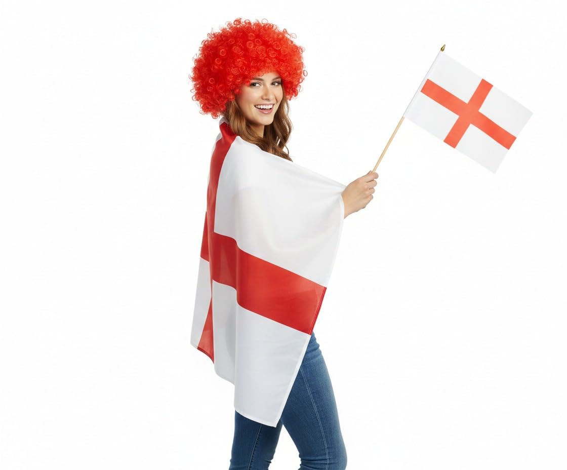 labreeze England St George's Cross Flag Cape with Red Afro Wig and Hand Flag, National Team Supporter Kit for International Sports Events, Unisex Adult Fancy Dress Costume Accessories Set