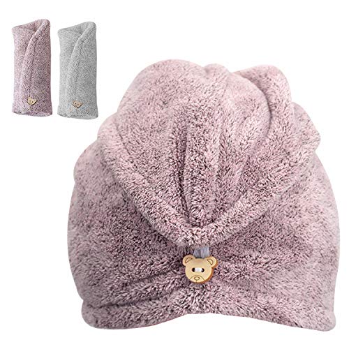 Koopro 2 Pack Hair Drying Towels Ultra Absorbent Fast Drying Hair Cap with Button Twist Bamboo Fiber Quick Hair Dryer for Long Hair Soft Thick Wrapping Hair Hat Pink and Gray Reducing Hair Damage