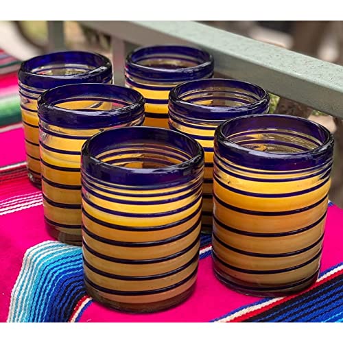 Set de 6 vasos de vidrio soplado mexicano azul 10 oz miniatura 4