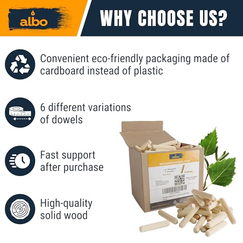 Image of ALBO Wooden Dowel Pins 1 /2 x 2 inch Fluted Wood Dowels Rods 100 Pack Hardwood Crafts Dowel Pegs