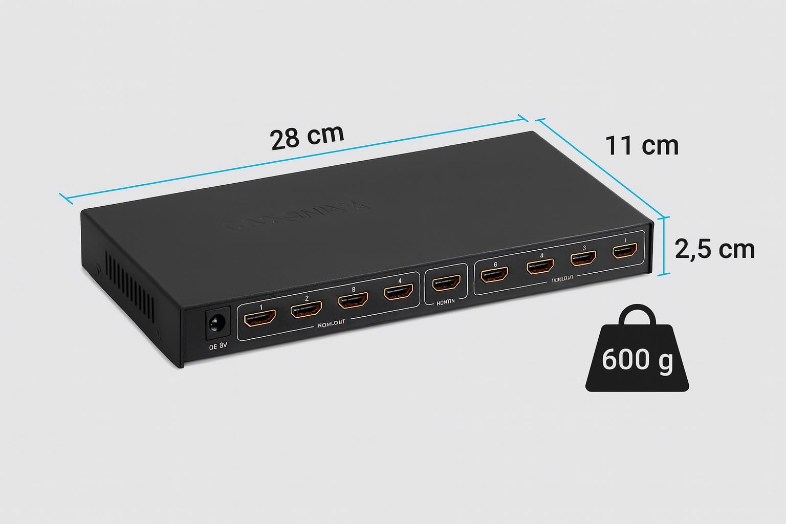 Splitter Sdoppiatore HDMI 1x8 con Alimentatore | 1 Ingresso → 8 Uscite | Duplicatore Segnale HDMI Full HD 1080p 3D per TV, Monitor, Proiettori, PS4, Xbox, PC, Decoder – CW269