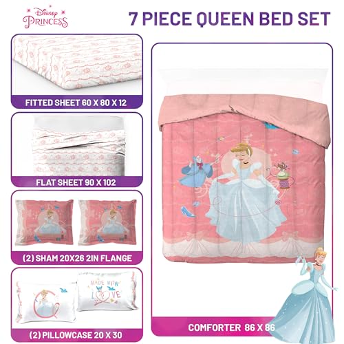 Image of Disney Princess Cinderella Queen Comforter Set 7 Piece Kids Bedding, Pink | Bed in a Bag, Comforter Sheets Shams Pillowcases, Official Brand, Soft Microfiber, Machine Washable, Girls Gift