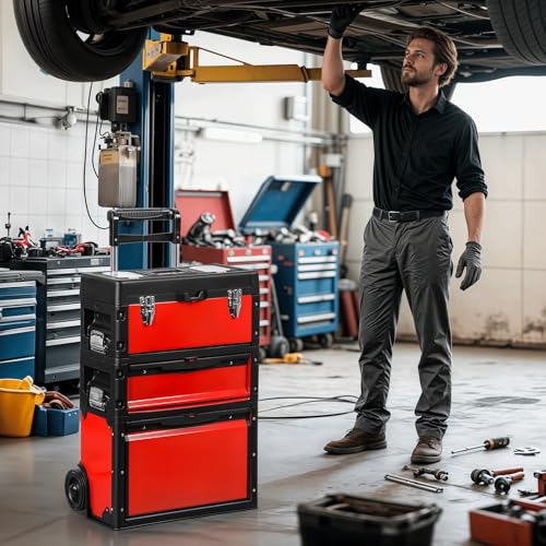 Image of Magshion Heavy-Duty Rolling Tool Box, 3-Tier Stackable Tool Chest System with Wheels & Drawers, Modular Organizer for Small Parts and Tools, Mobile Garage Workshop Storage in Black /Red