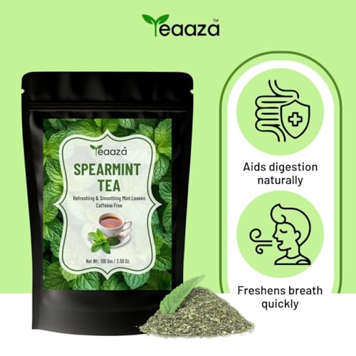 Image of TEAAZA Organic Spearmint Tea Leaves 100 Gm 100 Cups Caffeine-Free Herbal Spearmint Tea For PCOS|SUPPORTS HORMONE BALANCE,ACNE,FACIAL HAIR & PCOS RELIEF|Fresh Minty Flavor,100% Natural