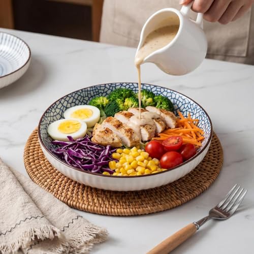 Image of Japanese Style 8-Inch Ceramic Round Dinner Plate - Microwave & Dishwasher Safe, 20.4x4.3cm Porcelain Dish for Seafood, Appetizers & Snacks, Waves (4 Piece)