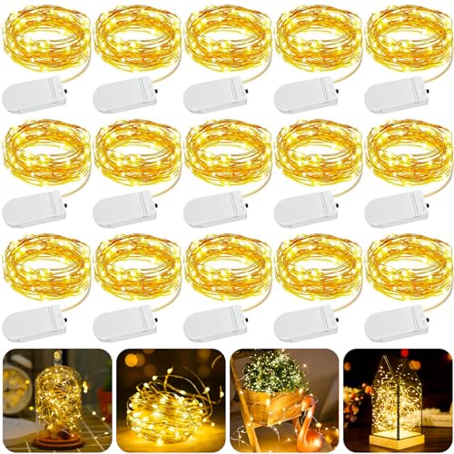 Frasheng 15 Piezas Cadena de Luces con Pilas,20 LEDs 2M Alambre de Cobre Guirnaldas Luces,Impermeable Luces Decorativas,Luces de Cadena Micro Cobre Impermeable,Guirnalda Cadena de Luces,para Navidad