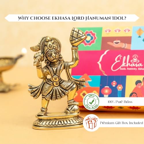 Image of Ekhasa 100% Pure Brass Hanuman Idol with Gift Box | Bajrangbali Balaji Murti for Home Pooja Decor | Religious Housewarming Grah Pravesh Diwali Wedding Gift