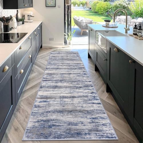 KOZYFLY 3x10 Ft Rug Modern Ombre Runner Rug for Hallway, Washable Kitchen Rugs Non-Slip Soft Striped Entryway Rug, Print Distressed Grey-Blue Abstract Carpet for Laundry Nursery