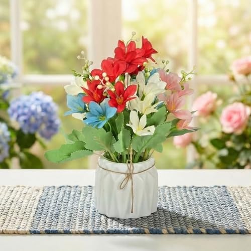 Image of Dekorly Artificial Lavender Plant in White Pot, 18cm - Realistic Faux Flower Arrangement for Home & Office Decor (Set of 1) (1, Mini Lily)