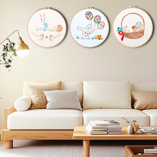 Image of olhuvs 3 Pack Beginner Embroidery, DIY Starter Set with Stamped Flower Designs, Embroidery Hoop, Colorful Threads, Tools, Step by Step Instructions(D)