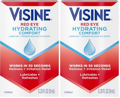 Visine Red Eye Hydrating Comfort Redness Relief Lubricating Eye Drops, 0.28 fl. oz (Pack of 2)