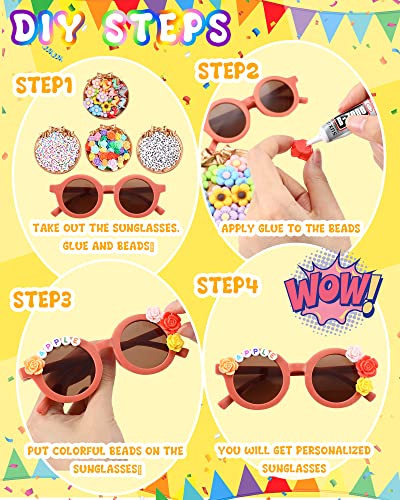 Cindeer 591 Pcs Kids Sunglasses DIY Kit 32 Cute Sunglasses 90 Rose Flower Dinosaur Charms 468 Letter Beads Glue(Round)4