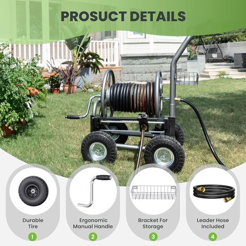 Giraffe Tools Hose Reel Cart, Hose Cart with Wheels Heavy Duty, Industrial Hose Reels for Outside, 250-Feet of 5/8" Hose Capacity, Hose Guide Pre-Installed, Grey